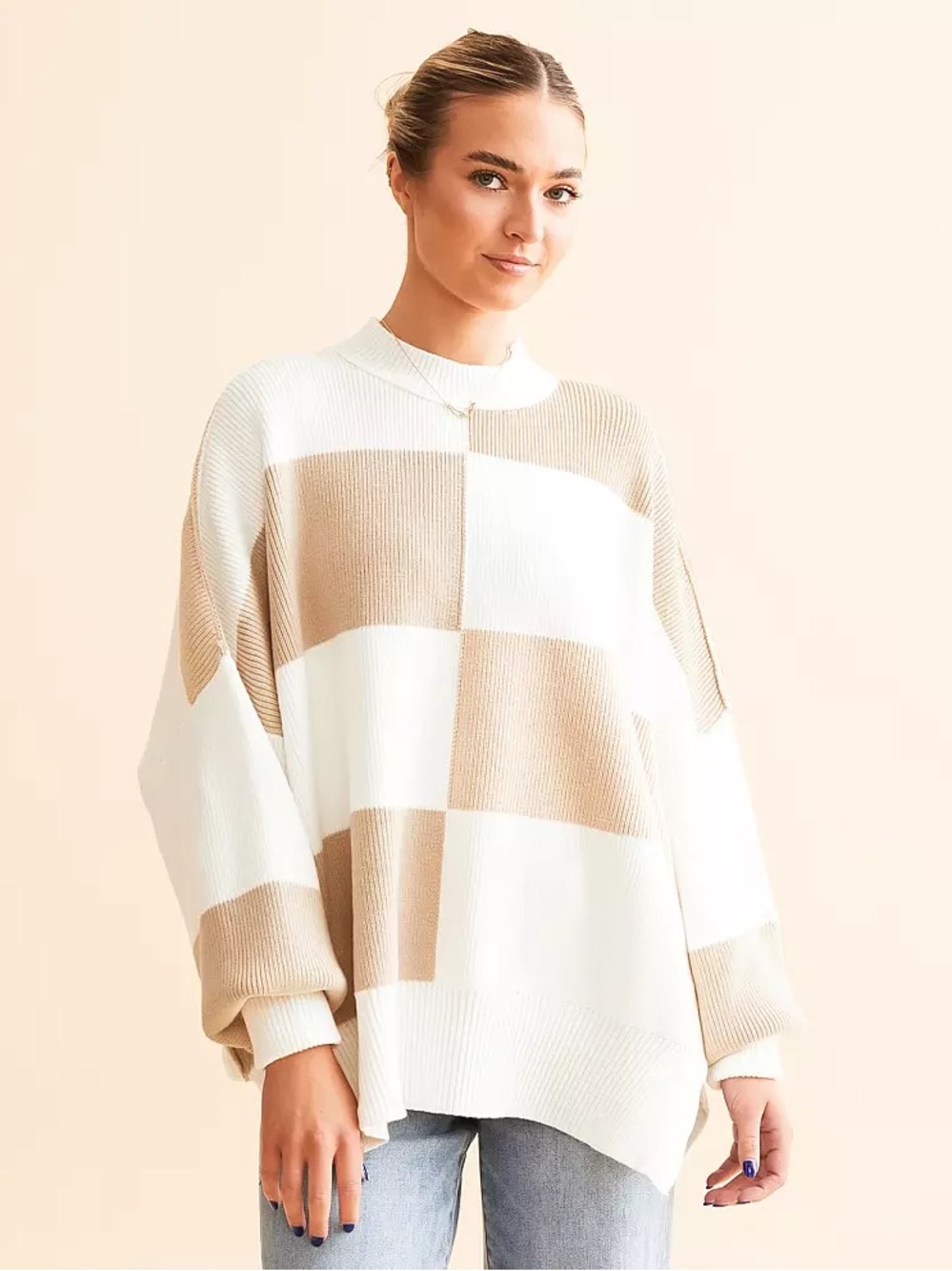Free People Checker Easy Street Tunic sweater in the White Sand Combo
